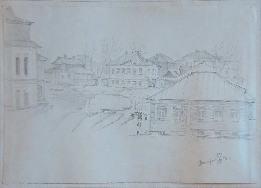 Углич. Рисунок И.Н. Потехина карандаш, бумага 1950 год