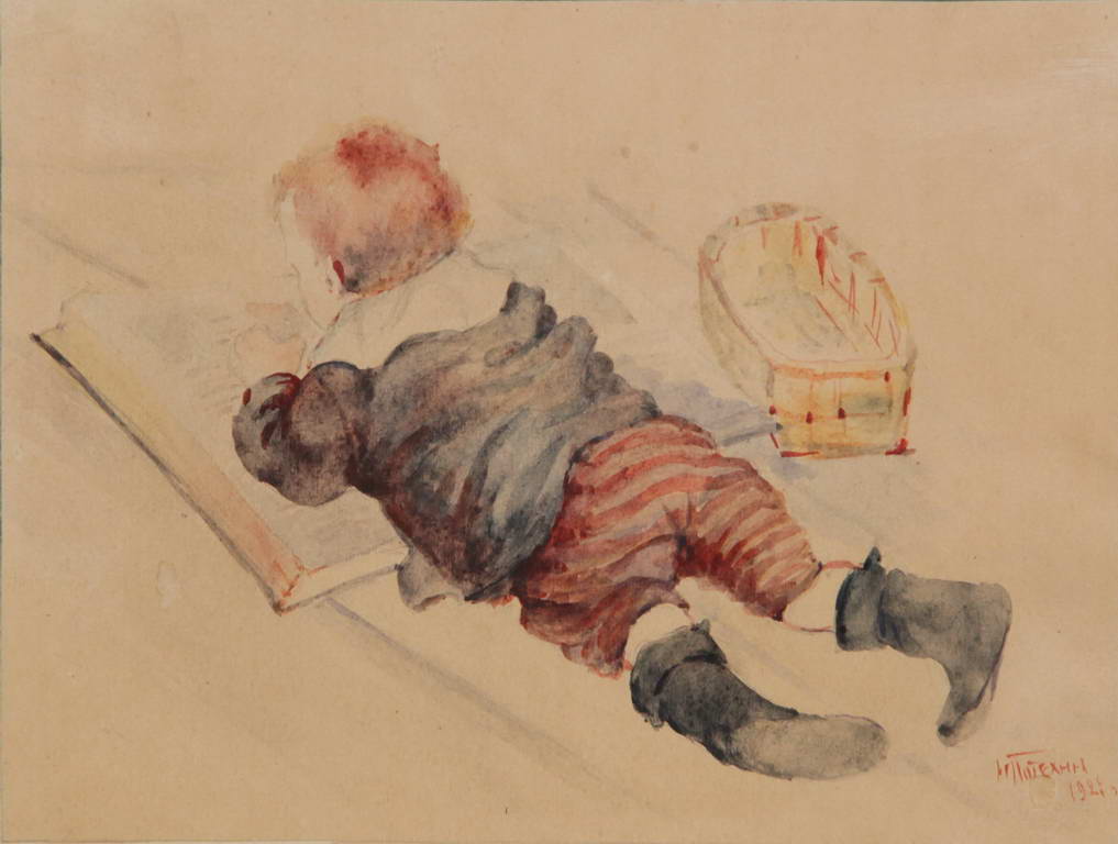 Углич. Валя Потехин смотрит картинки. 1922 год. Рисунок И.Н. Потехина . бумага, акварель