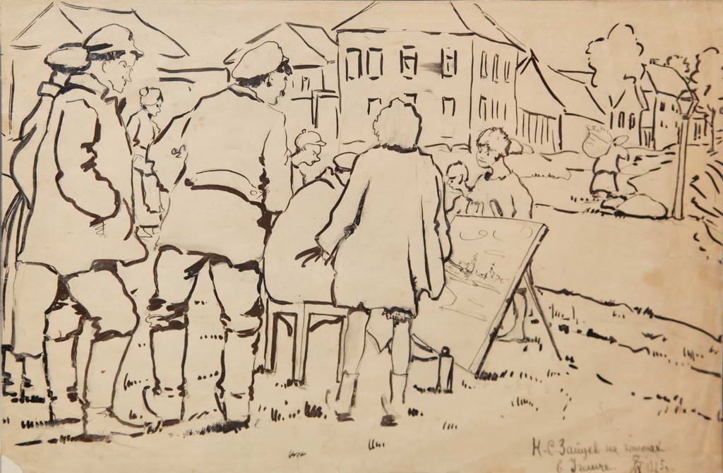 Н. С. Зайцев на этюдах в Угличе 1925 год. Рисунок И.Н. Потехина ,  бумага, тушь