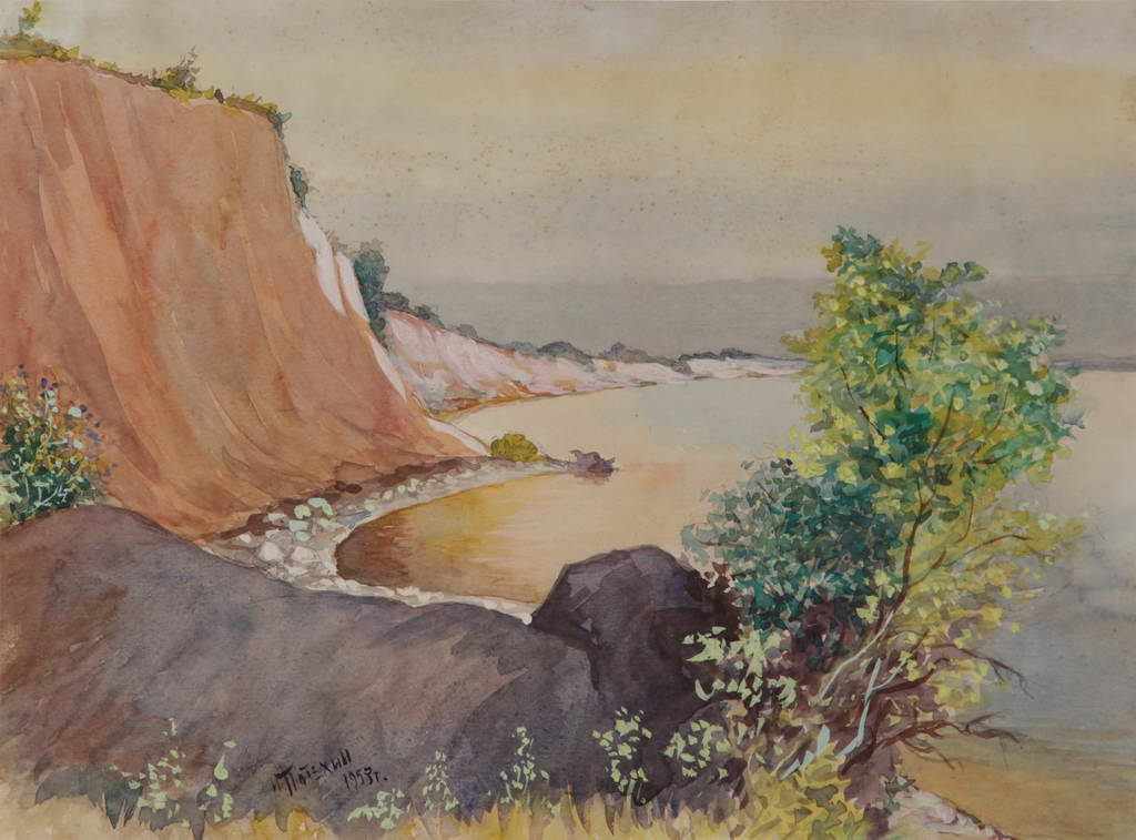 Пейзаж. Крутой берег Волги. Акварель 1957 г. Рисунок И. Н. Потехина