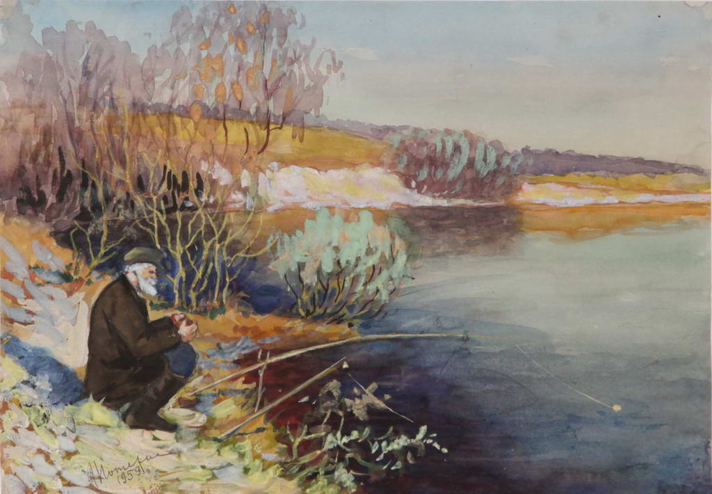 Рыбак. Акварель 1959 г. Рисунок И. Н. Потехина
