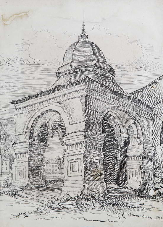 Крыльцо Воскресенского монастыря.  Рисунок И.Н. Потехина 1947 год. бумага, тушь