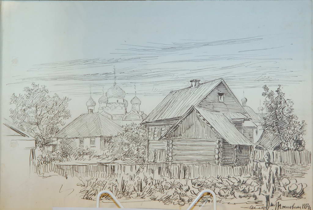 Углич. Вид на девичий Богоявленский монастырь. Рисунок  И.Н. Потехина 1954 год.  