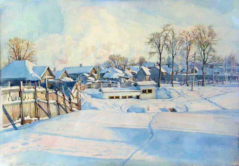 "Морозный день"   Бумага, акварель 1943 г.  картина П.Д. Бучкина