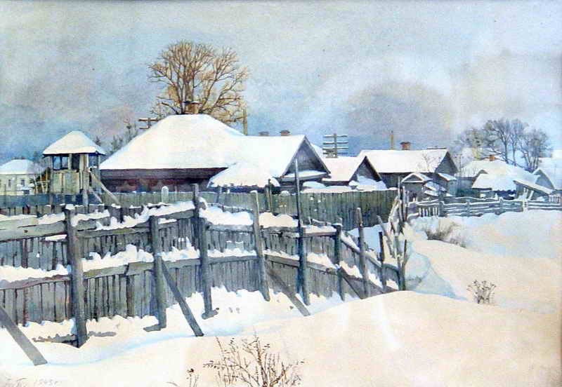 "Зима в Угличе"  Бумага, акварель 1949 г. работа  П.Д. Бучкина