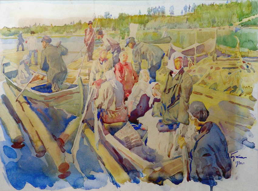 Картина П. Д. Бучкина "Перевоз через Волгу" Бумага, акварель 1930 г.