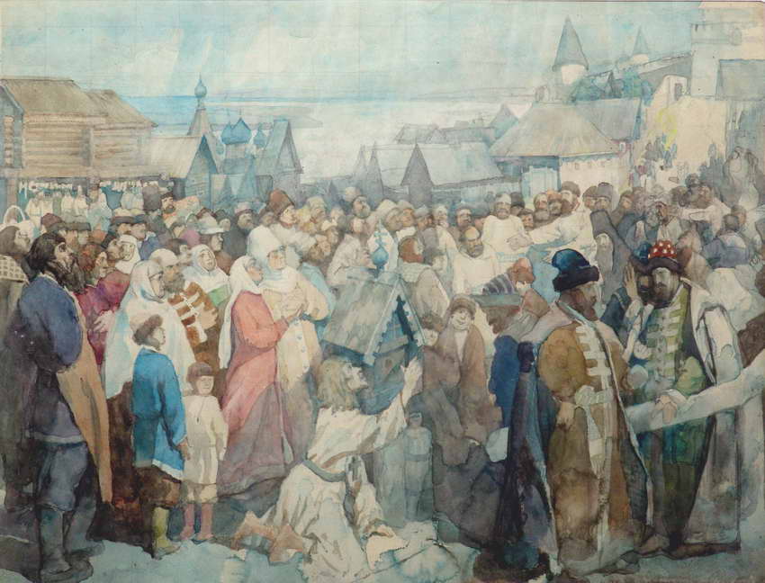 Работа П. Д. Бучкина - эскиз к картине "Воззвание Козьмы Минина" 